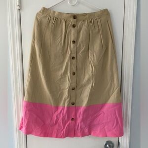 J. Crew Two-Tone Button-Front Midi Skirt in Tan and Pink